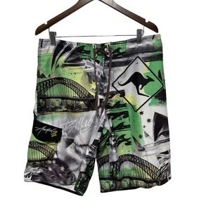 Billabong Board Shorts Mens 34 Green Australia Y2K Surfing Swimwear Embroidery